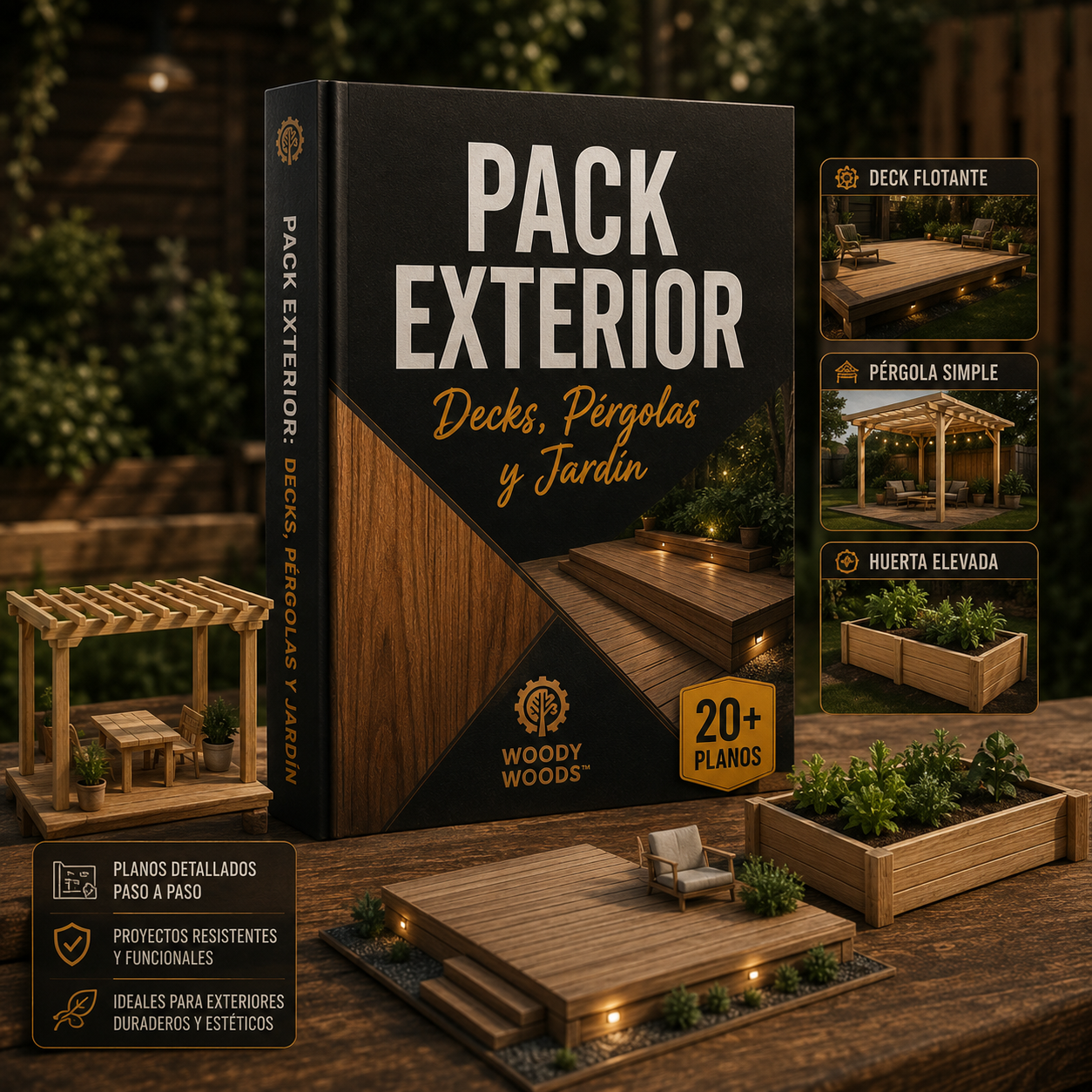 PACK EXTERIOR 20+ PLANOS™ — DECKS, PÉRGOLAS Y JARDÍN EN CENTÍMETROS